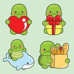 Four cartoon turtles pose with a heart gift dolphin and bag of food