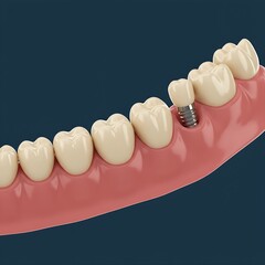 a cross-section of the human jawbone with a dental implant surgically placed and integrated, supporting a crown that replaces a missing tooth among other teeth.