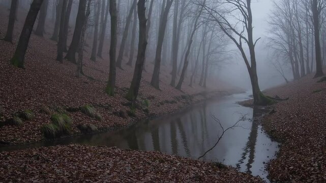 Fog flowing on a dark forest river