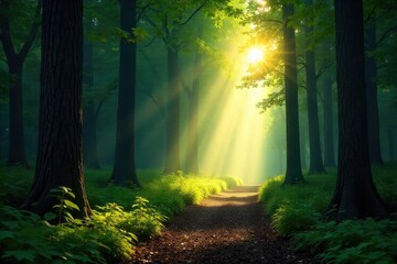 Obraz premium Sunbeams pierce the dense canopy of a lush forest, illuminating the path ahead, guiding the way through the trees The direction is unclear, yet the journey is inviting , way, summer, mystical
