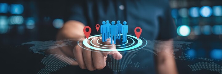 Person interacting with a digital map and group of people.