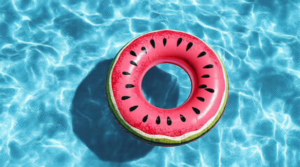 Watermelon Ring in Refreshing Pool: A vibrant, watermelon-themed inflatable ring floats serenely atop crystal-clear, rippling water, offering a playful invitation to summer fun and relaxation. 