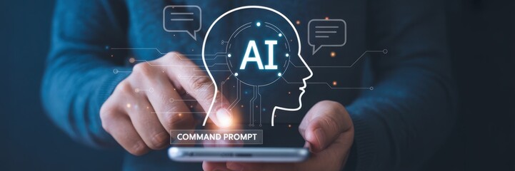 Hands interacting with an artificial intelligence command prompt.