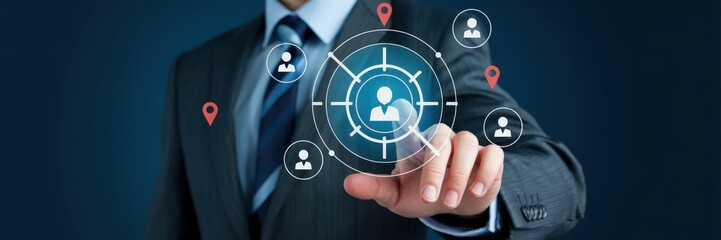 Businessman interacting with a digital interface of a network of people.