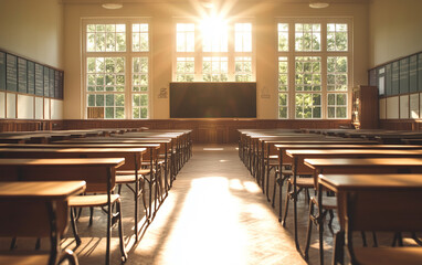 Empty classroom with rows of desks and bright sunlight streaming through windows