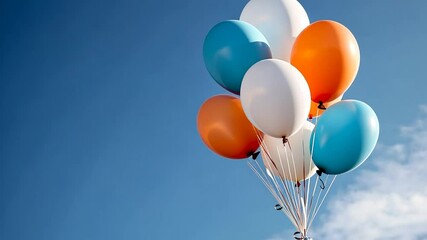 A vibrant bouquet of colorful balloons against a bright blue sky creating a festive and cheerful atmosphere with white clouds. Balloons include shades of white orange and blue - Powered by Adobe