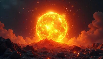 A fiery orb of intense heat and light explodes, engulfing everything in its path with brilliant, searing flames Perfect for fantasy, magic, or destruction themes , nature, inferno, power