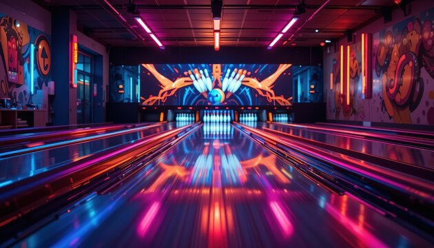 Bowling alley with neon lights. Glowing lane, balls, pins. Sports entertainment, recreation, night activity, game, competition. Bright colors, reflections. Empty bowling alley. Ready for strikes, 32k 