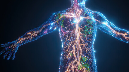 A glowing neural network branching into a human silhouette, connecting unexpectedly to other body systems.