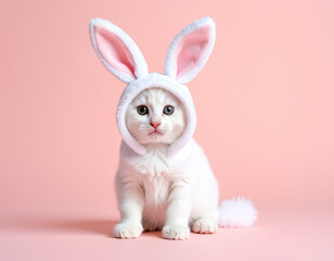 Obraz premium Cute Kitten in Bunny Costume on Pink Background - Zodiac Year of the Rabbit Theme