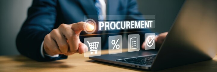 Businessperson interacts with procurement software on a laptop.
