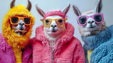 Three fashionable llamas wearing colorful clothes and sunglasses for a funny photo shoot full of style