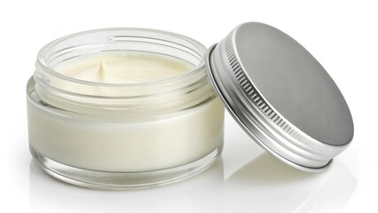 Glass jar of creamy white cosmetic product
