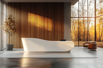 Modern Reception Desk with Marble Floor and Wood Wall