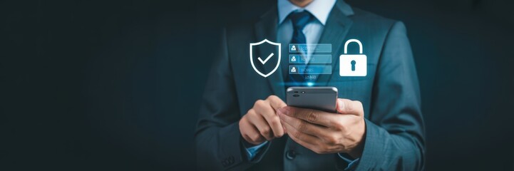 Businessman using a smartphone with security icons displayed.