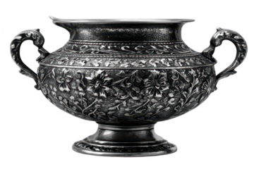 Ornate, dark gray metal vase with floral engravings and handles