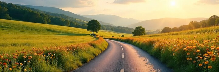 Golden Sunlight Bathes Winding Country Road, Serene Vista with Vibrant Wildflowers
