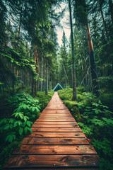 Scenic wooden path through lush green forest on a claudy day