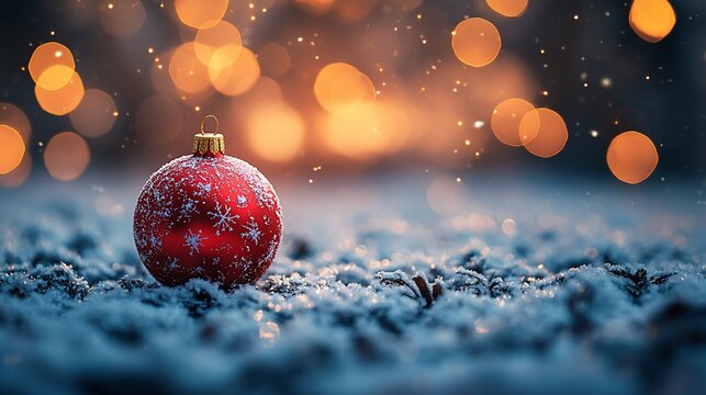 Red Christmas ornament in snowy setting