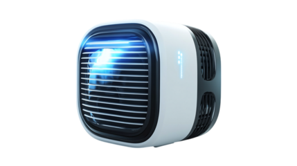 • A futuristic portable air conditioner for personal use, isolated on white background in HD 