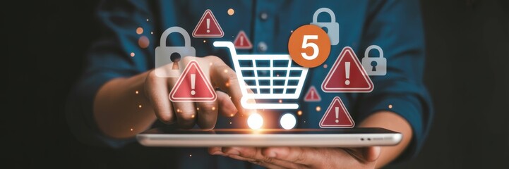 Hands holding a tablet showing a shopping cart with security warnings.