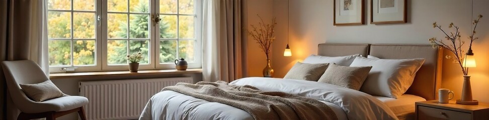 Serene Bedroom Interior Soft Lighting, Plush Bedding, and Calming Decor Create a Peaceful Atmosphere Ideal for Restful Sleep and Relaxation