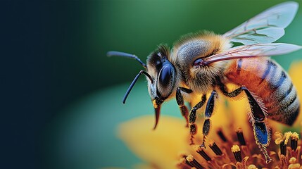 Close-up of a honeybee on a yellow flower, pollen on its legs.