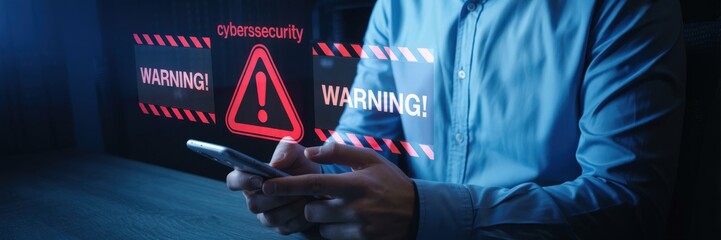 Person holding a smartphone with digital warning messages.