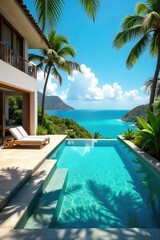 Obraz premium Luxurious villa with private pool and breathtaking ocean views, perfect for a relaxing getaway Enjoy the sun-drenched terrace and lush tropical gardens , home, garden, accommodation