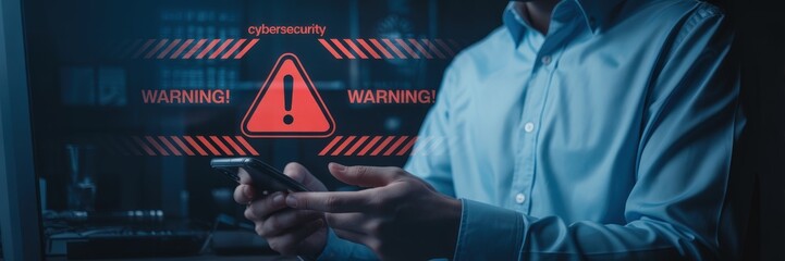 Person holding a mobile phone with cyber security warning overlay.