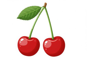 Two ripe red cherries with a green leaf isolated on white background