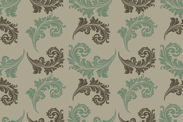 Fototapeta premium Seamless Vintage Damask Pattern with Elegant Baroque Acanthus Leaf Motifs in Green and Black on Beige Background, Classic Ornamental Design for Wallpaper, Fabric, Textile, and Luxury Home Decor 