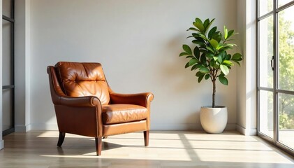 Luxurious Brown Leather Armchair in Modern Minimalist Living Room, Bathed in Soft Sunlight, Interior Design