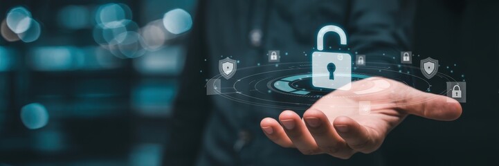 Hand holding a digital lock symbol.