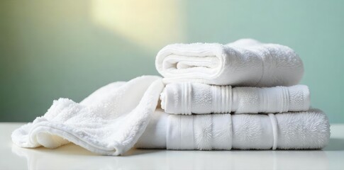 Sparkling clean laundry, fresh from the dryer, neatly folded and ready to be put away Soft, bright white towels and clothing create a feeling of purity and freshness , freshness, textile