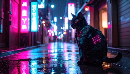 Futuristic cat in a neon-lit alleyway