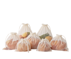 Sustainable Living, A Collection of Reusable Mesh Produce Bags Filled with Fresh Fruits and Vegetables for Eco-Friendly Shopping