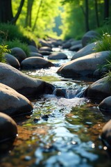 Serene Creek Sunlight Dapples Crystal-Clear Water Flowing Over Smooth Stones, Creating a Peaceful Natural Scene Ideal for Tranquility and Nature Themes