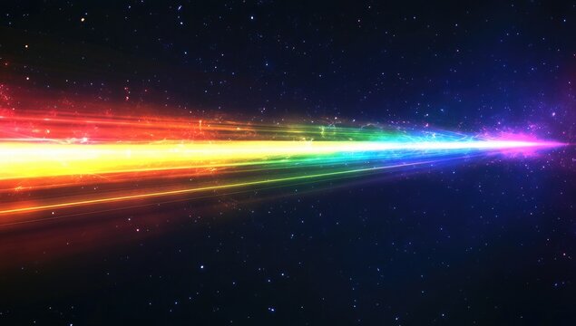 A vibrant, rainbow-colored energy beam streaks across a dark space background, filled with sparkling particles