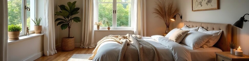 Serene Bedroom Interior Soft Lighting, Plush Bedding, and Calming Decor Create a Peaceful Atmosphere Ideal for Restful Sleep and Relaxation