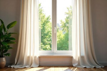 Elegant sheer curtains softly draped over a wide window sill, allowing natural light to filter through, creating a tranquil and airy atmosphere in a room , living room, building, white curtains