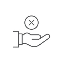 Line style icon of a hand with a cross mark, representing rejection, denial, failed attempt, or incorrect action