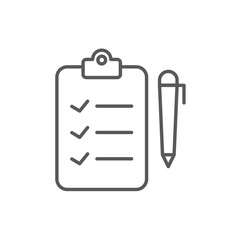Line style icon of a completed checklist on a clipboard with a pen, perfect for verified tasks, survey completion, or report writing