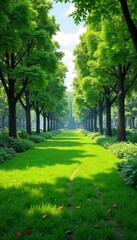 Obraz premium Serene park landscape design featuring lush green lawns, meandering pathways, and mature trees creating a tranquil outdoor space Ideal for relaxation and recreation , green, scenery