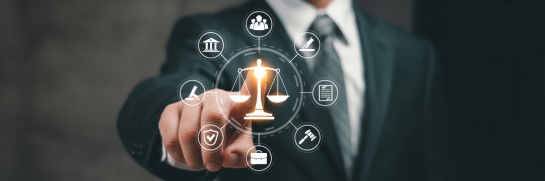 A man's finger points to a digital justice system interface. - Powered by Adobe