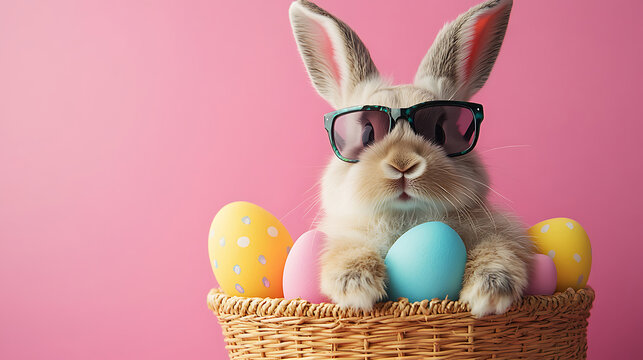 Cool easter bunny wearing sunglasses sitting in basket full of decorated colorful eggs on pink background