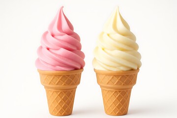 Two swirled soft serve ice cream cones one pink one vanilla on white background