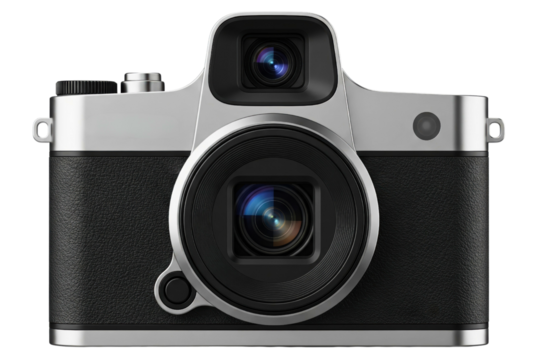 Retro-style silver and black digital camera with lens isolated on a transparent background