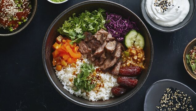 Colorful, hearty bowl features grilled meat, rice, and assorted vegetables