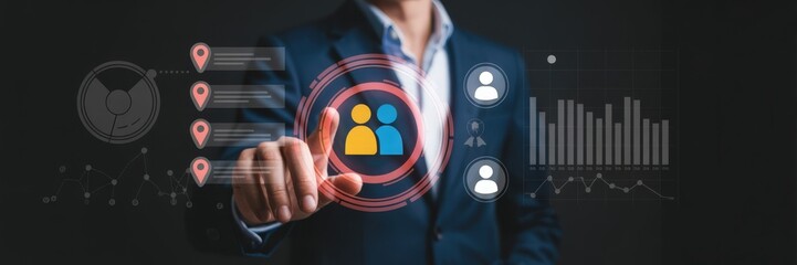 Businessman interacts with a digital interface displaying customer data.